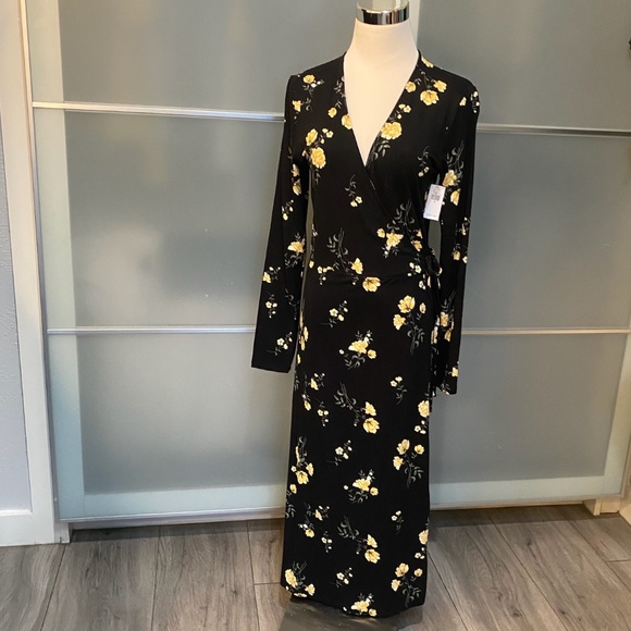 NWT Old Navy Black Yellow Floral True Midi Wrap Dress - Picture 1 of 4